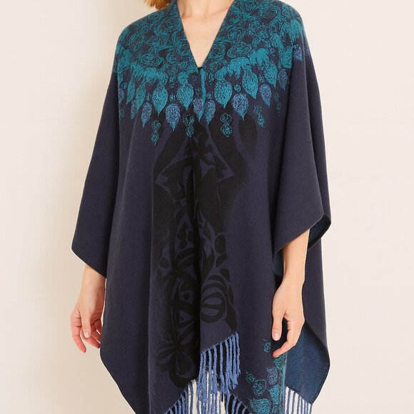 Chico's Sweaters - Chico’s Blue & Teal Patterned Poncho Shawl One Size- Cottagecore Coastal Grandma